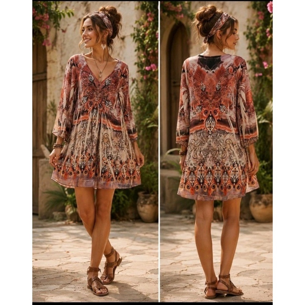One World Bohemian Hippie Mini Dress Tunic 3/4 Sleeve Size L NEW